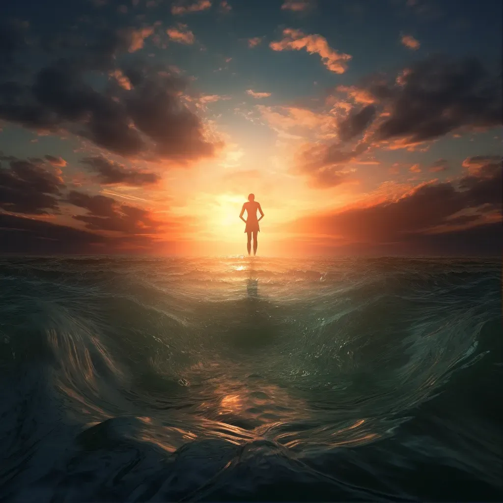 Mystical creature rising from an ocean at sunset - Image 1