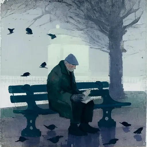 Elderly man sitting alone on a park bench, feeding pigeons in the early morning fog - Image 1