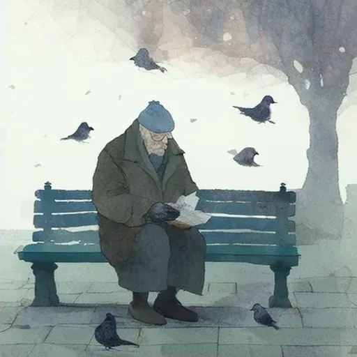 Elderly man sitting alone on a park bench, feeding pigeons in the early morning fog - Image 2