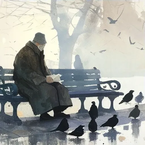 Elderly man sitting alone on a park bench, feeding pigeons in the early morning fog - Image 3