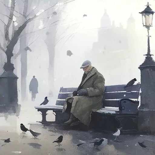 Elderly man sitting alone on a park bench, feeding pigeons in the early morning fog - Image 4