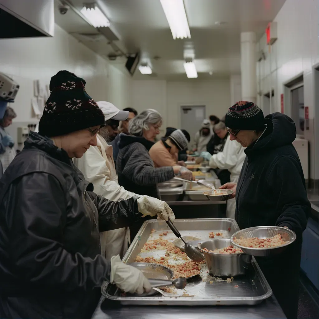 Volunteers serving meals to needy individuals in homeless shelter - Image 1