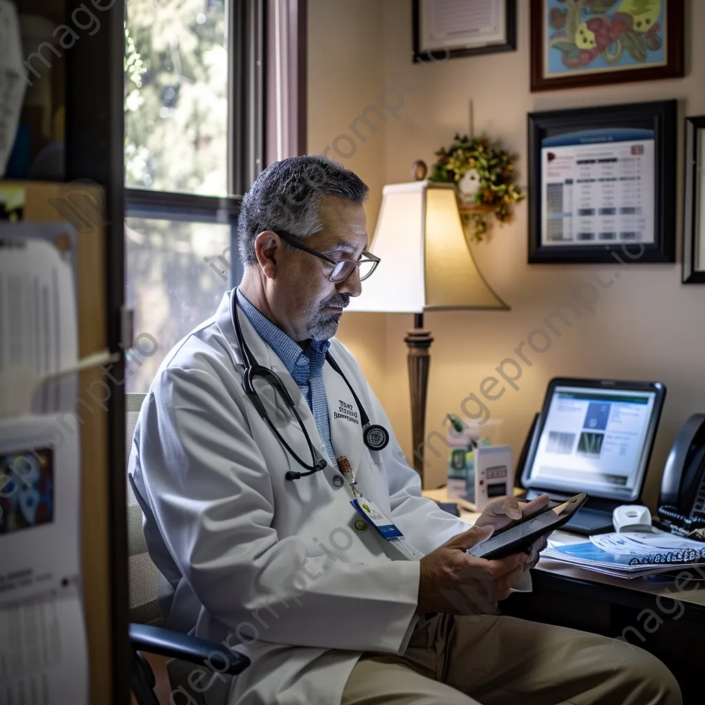 Doctor using tablet in clinic for patient records - Image 1