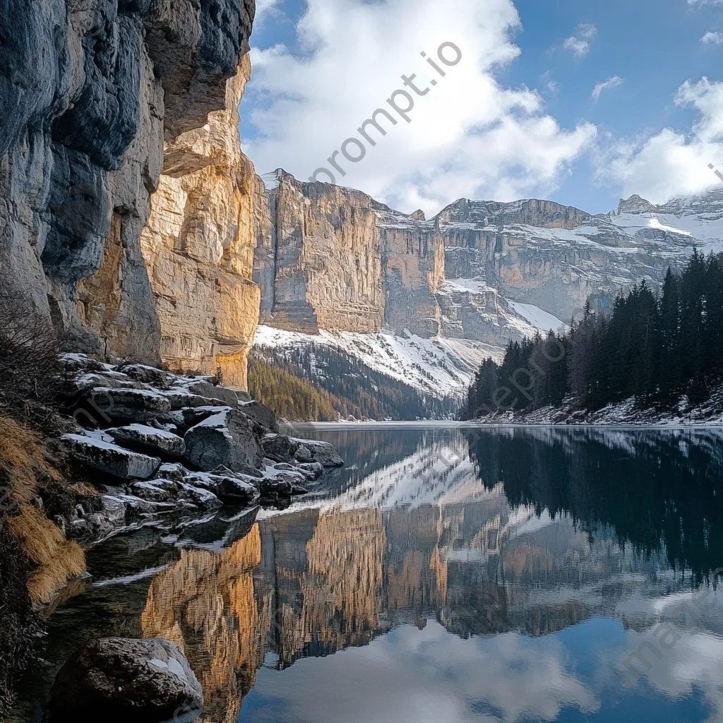 Snow-capped mountain rock faces reflected in a clear alpine lake. - Image 1