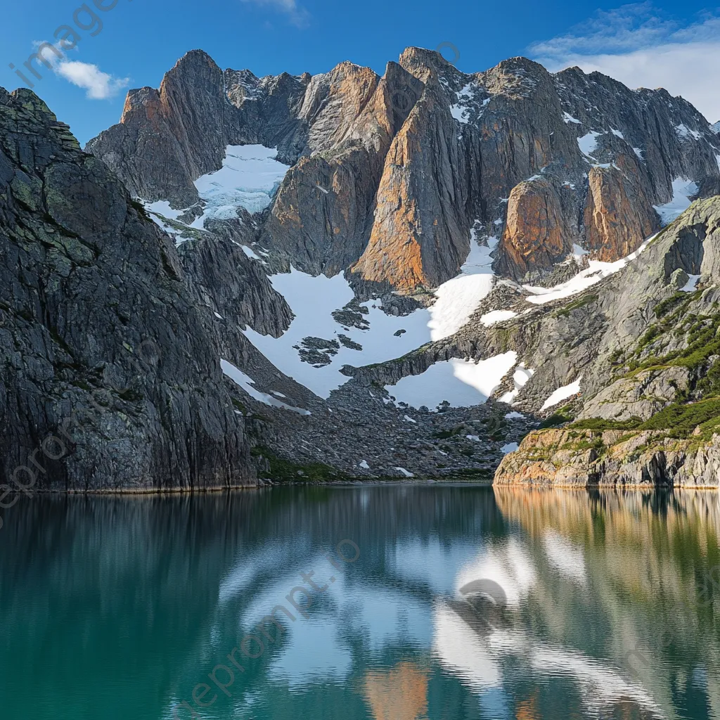 Snow-capped mountain rock faces reflected in a clear alpine lake. - Image 2