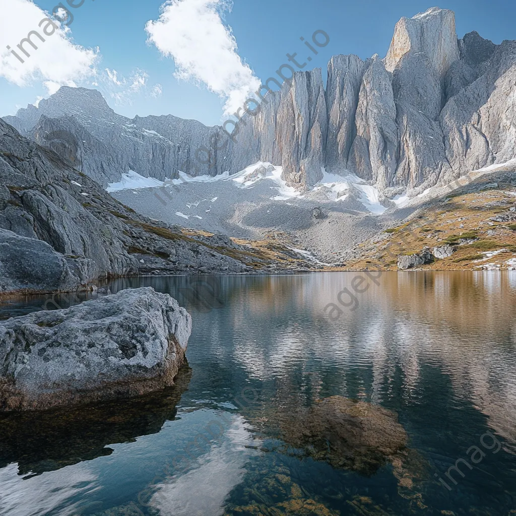 Snow-capped mountain rock faces reflected in a clear alpine lake. - Image 3