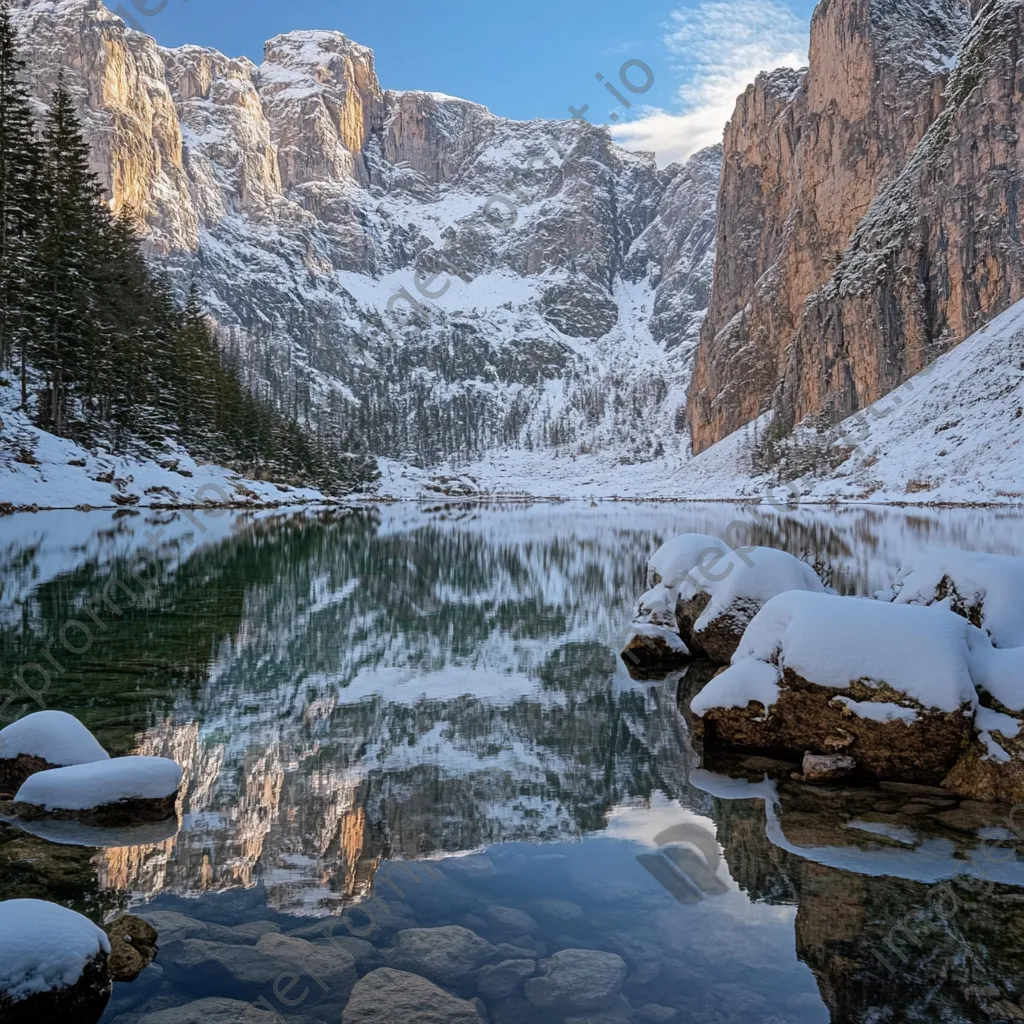 Snow-capped mountain rock faces reflected in a clear alpine lake. - Image 4