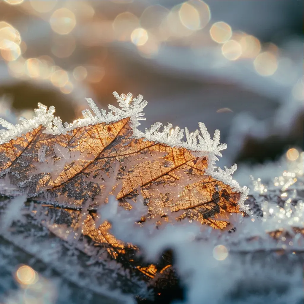 Macro view of frost crystals on a fallen leaf - Image 3