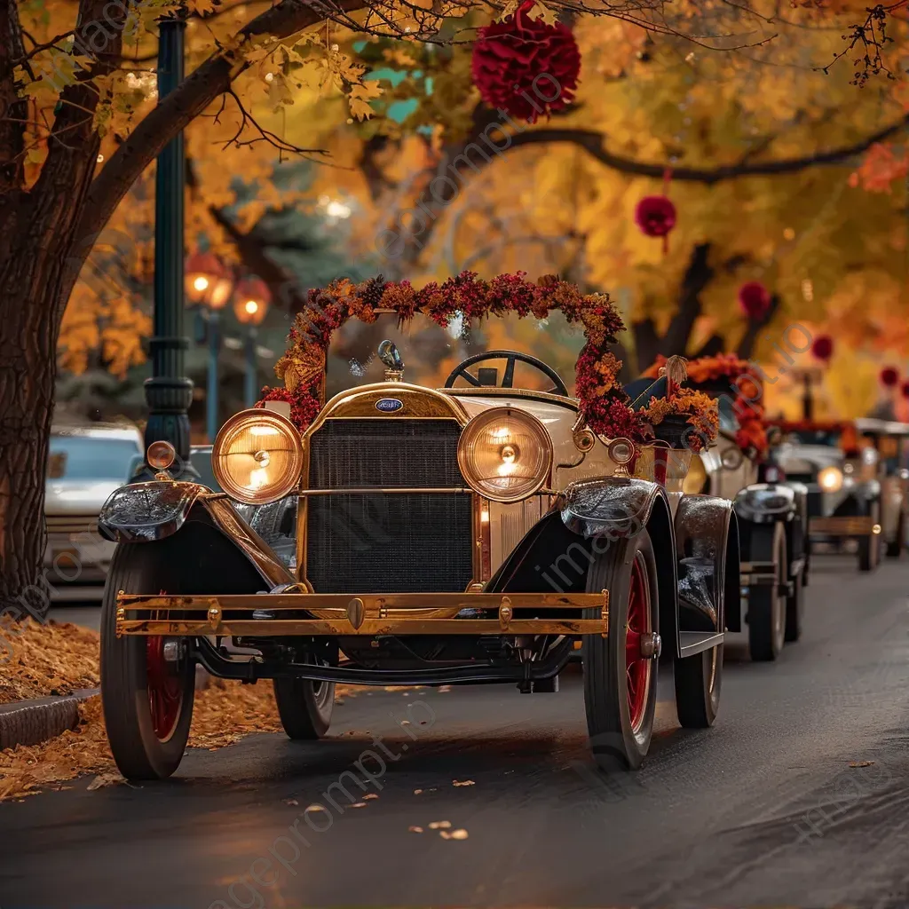 Vintage car parade at autumn festival with fall decorations - Image 1
