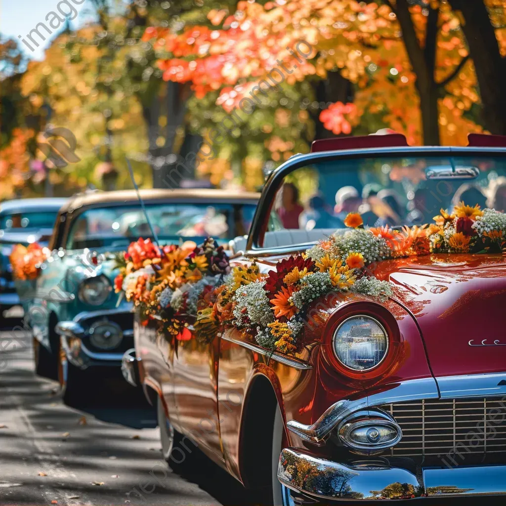 Vintage car parade at autumn festival with fall decorations - Image 2