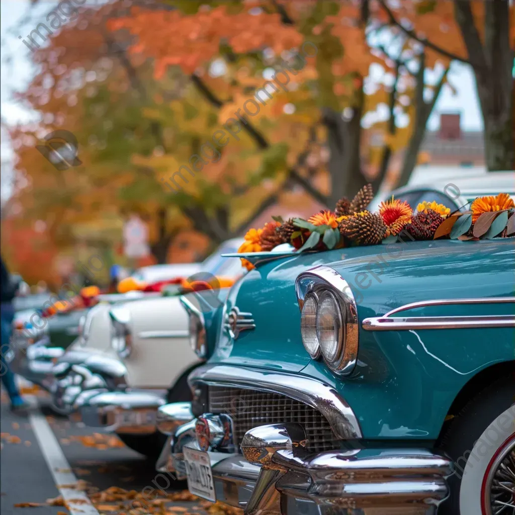Vintage car parade at autumn festival with fall decorations - Image 3