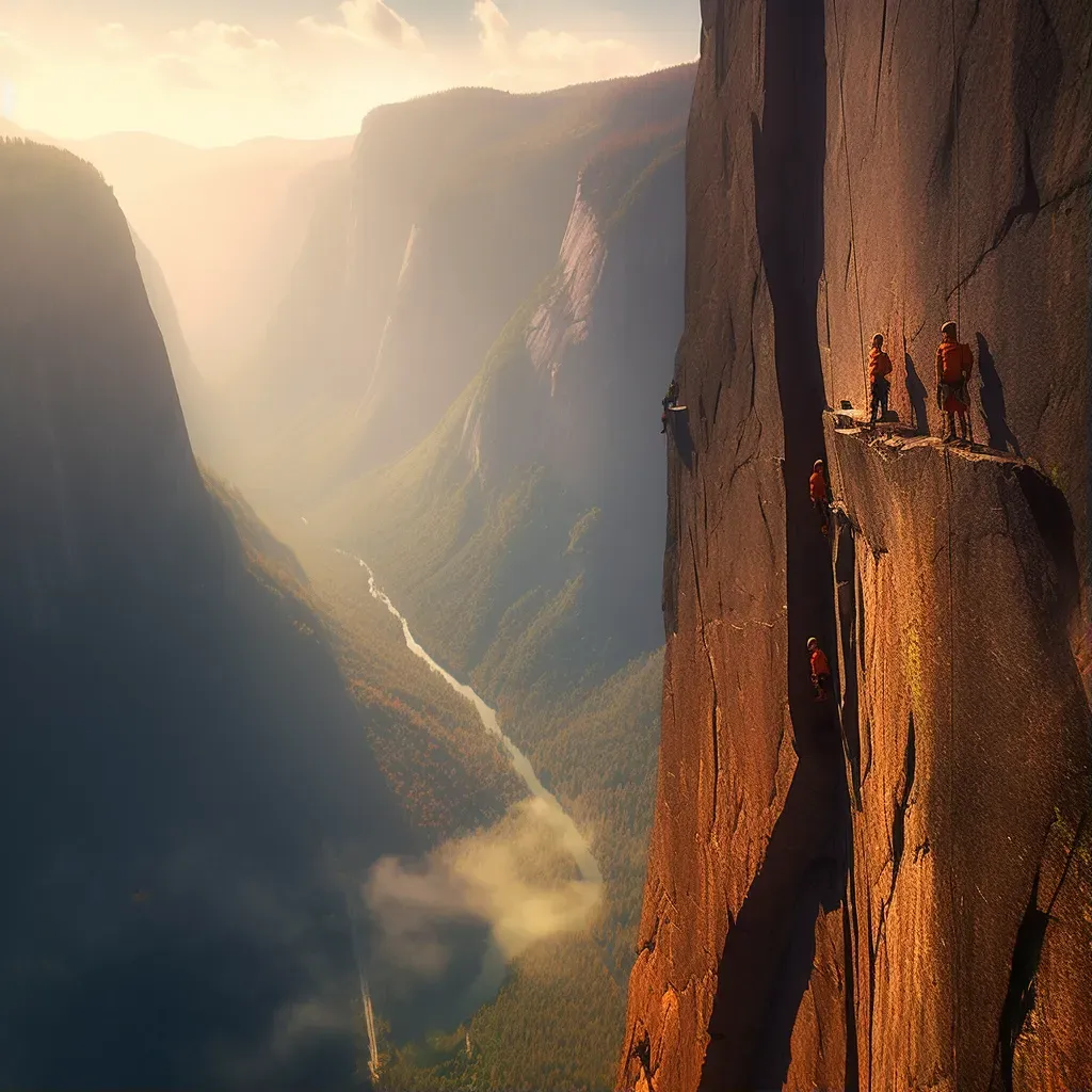 Group of climbers scaling sheer cliff face with breathtaking view of valley - Image 1