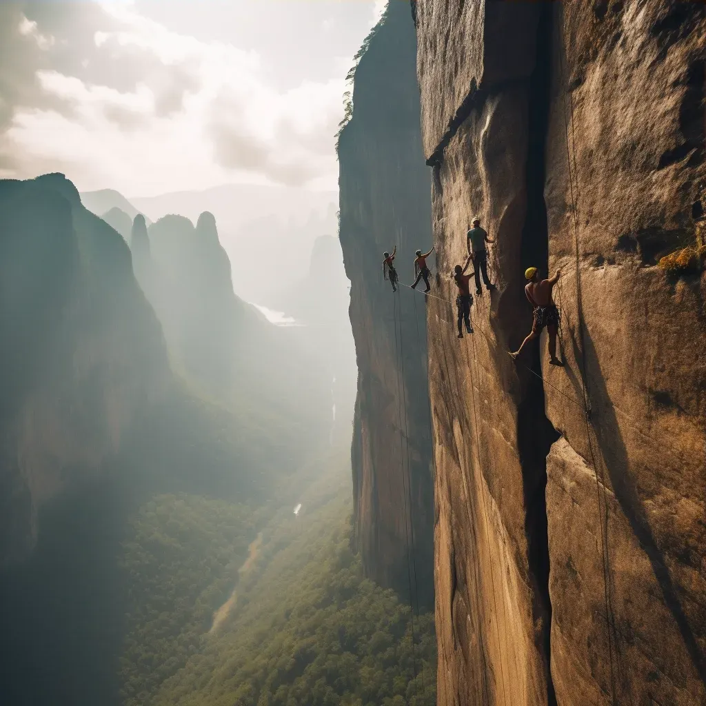 Group of climbers scaling sheer cliff face with breathtaking view of valley - Image 3