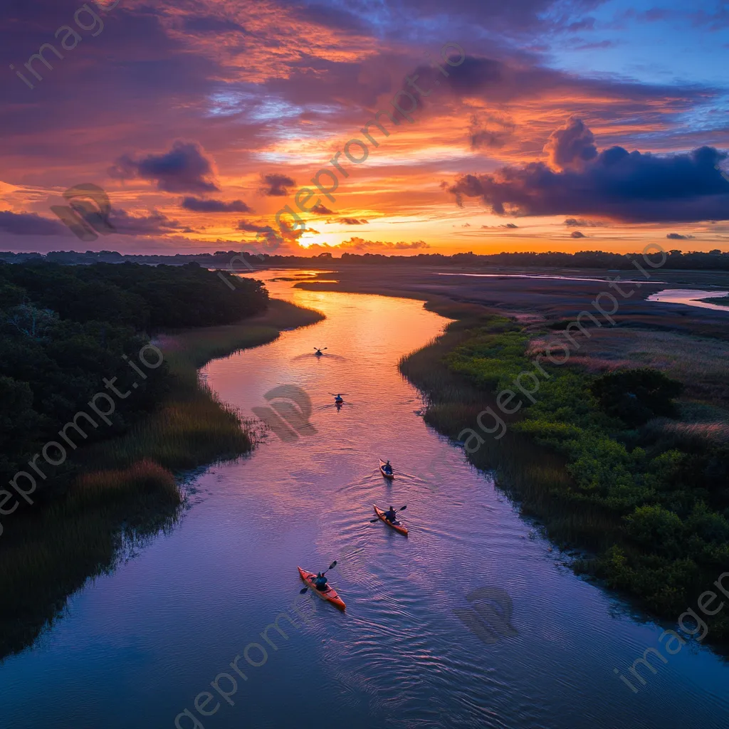 Kayakers paddling in coastal estuary at sunset - Image 1