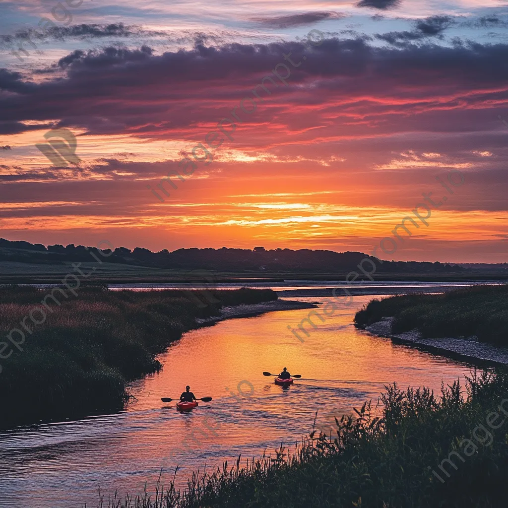 Kayakers paddling in coastal estuary at sunset - Image 2