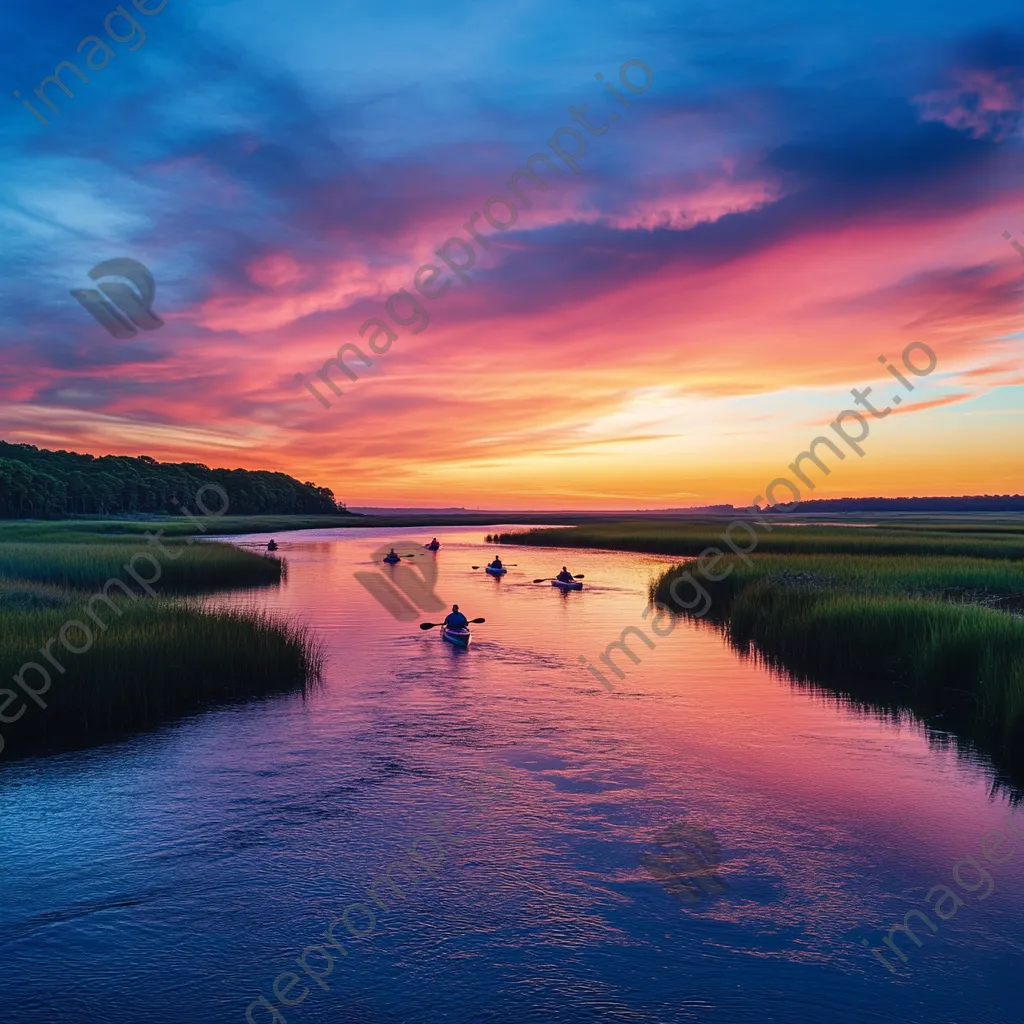 Kayakers paddling in coastal estuary at sunset - Image 3