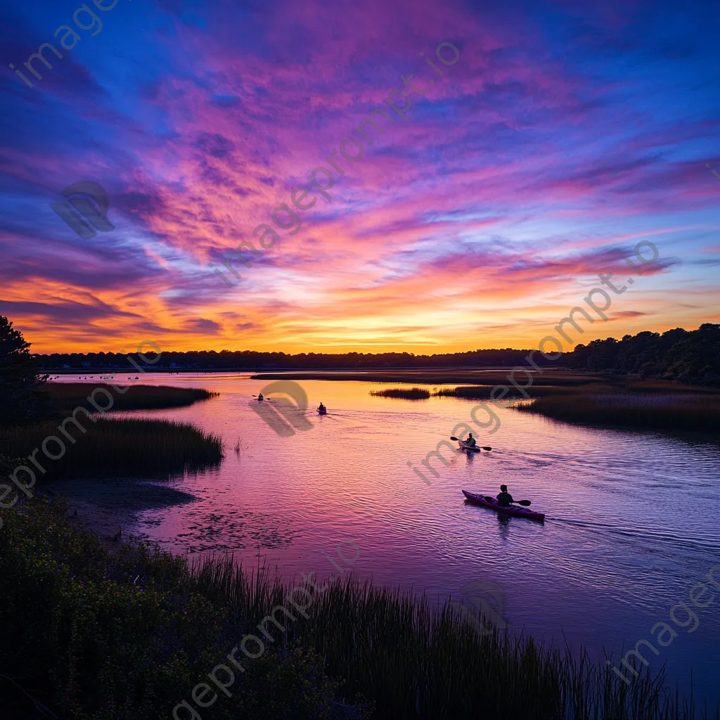 Kayakers paddling in coastal estuary at sunset - Image 4