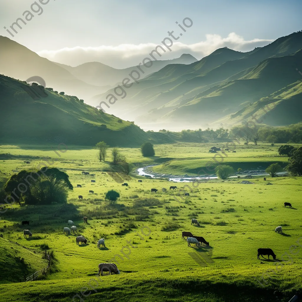 Mountain plateau with grazing wildlife in morning light. - Image 1