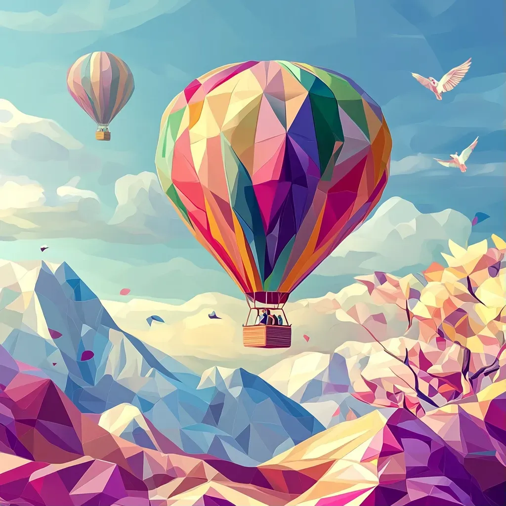 Low poly depiction of a whimsical hot air balloon journey over a vibrant landscape - Image 1