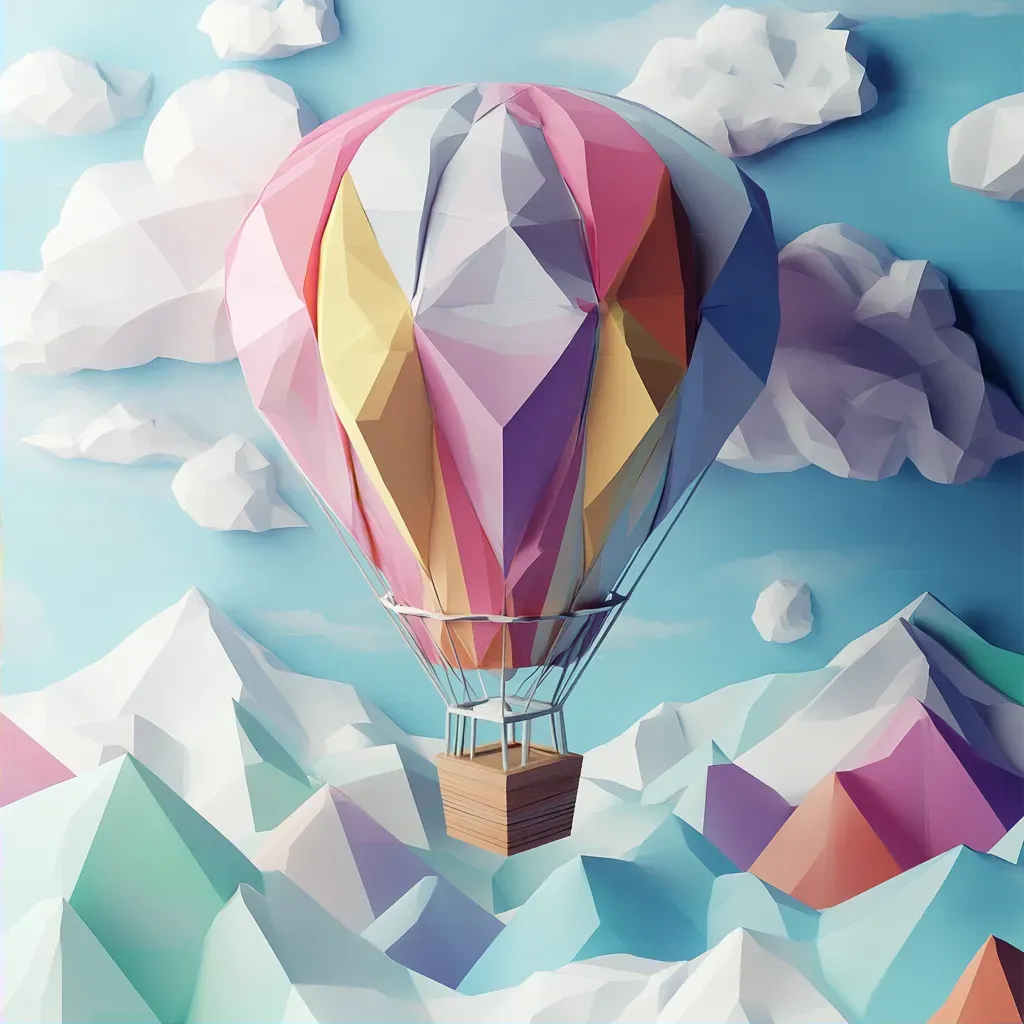 Low poly depiction of a whimsical hot air balloon journey over a vibrant landscape - Image 2