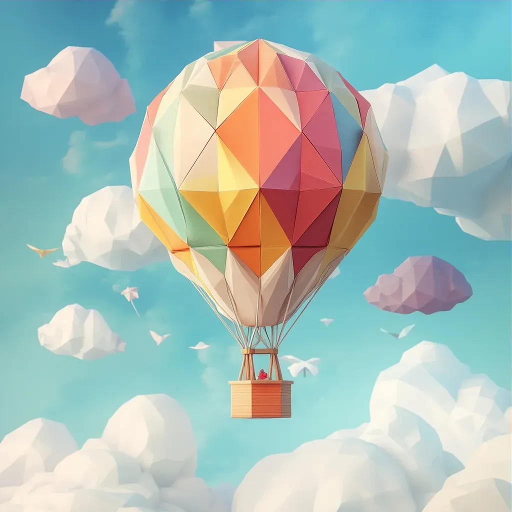 Low poly depiction of a whimsical hot air balloon journey over a vibrant landscape - Image 3