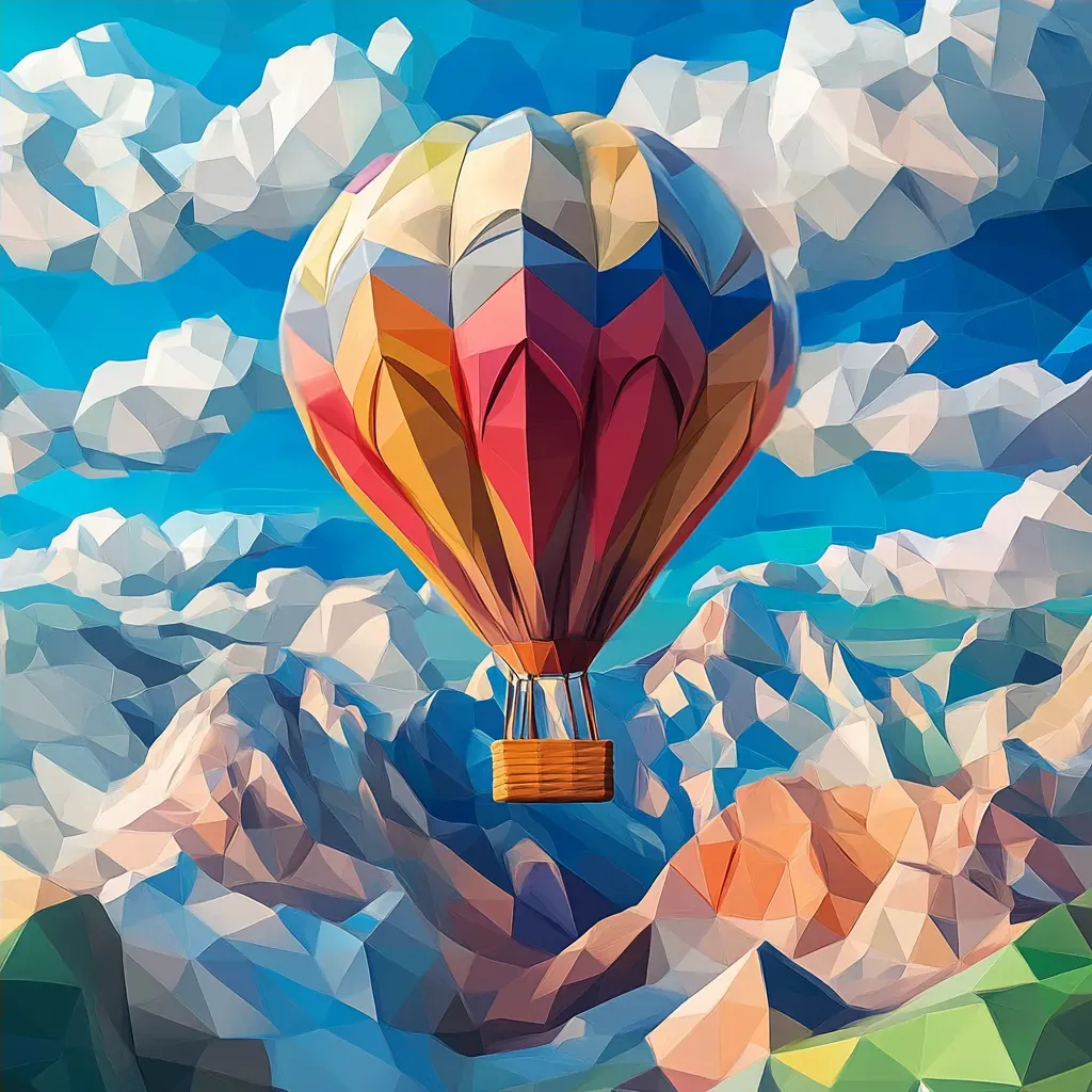 Low poly depiction of a whimsical hot air balloon journey over a vibrant landscape - Image 4