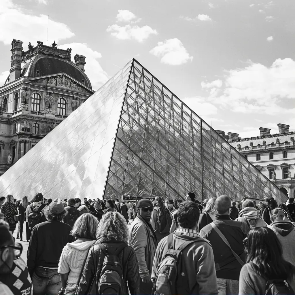 Louvre Museum with glass pyramid entrance and people in the courtyard - Image 1