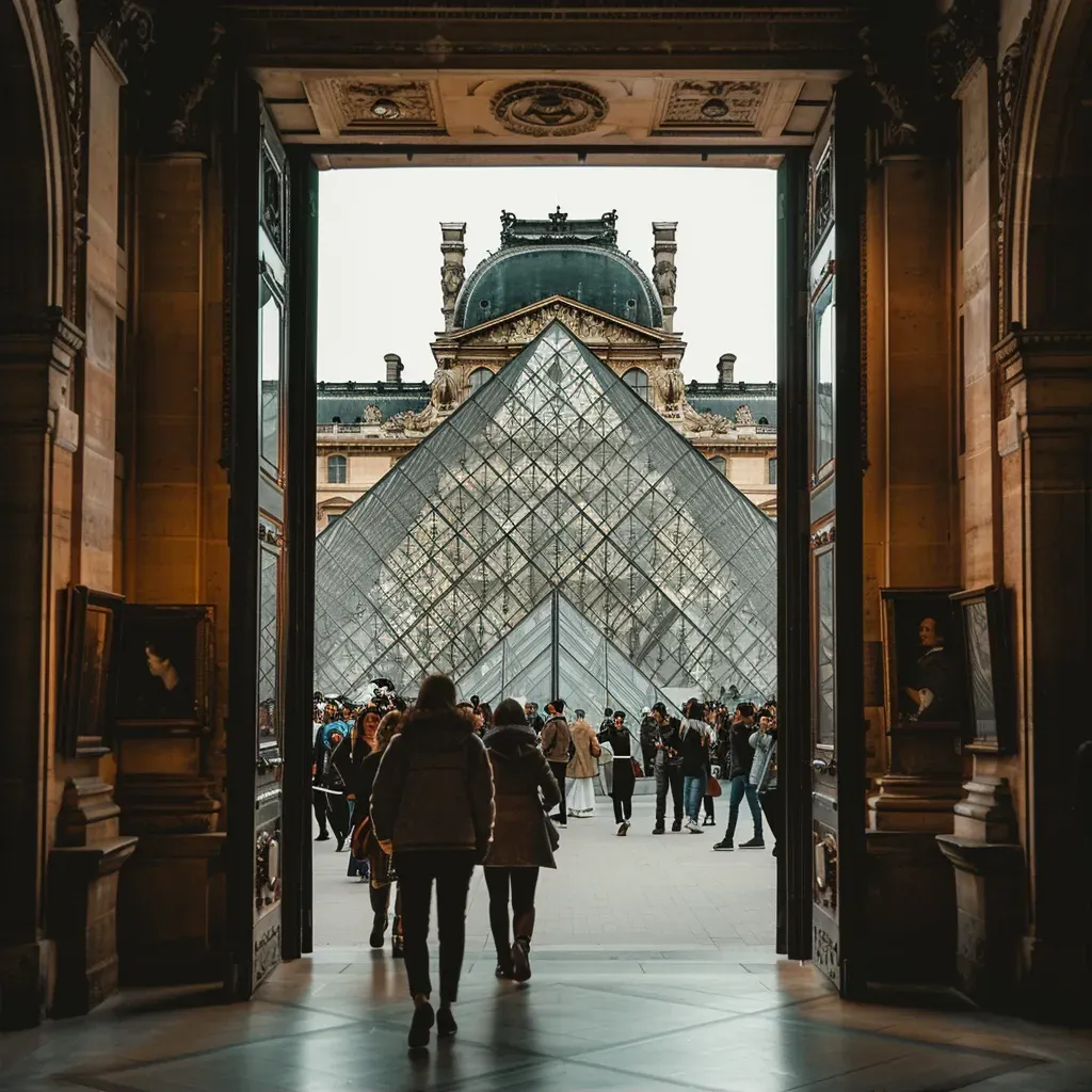 Louvre Museum with glass pyramid entrance and people in the courtyard - Image 2