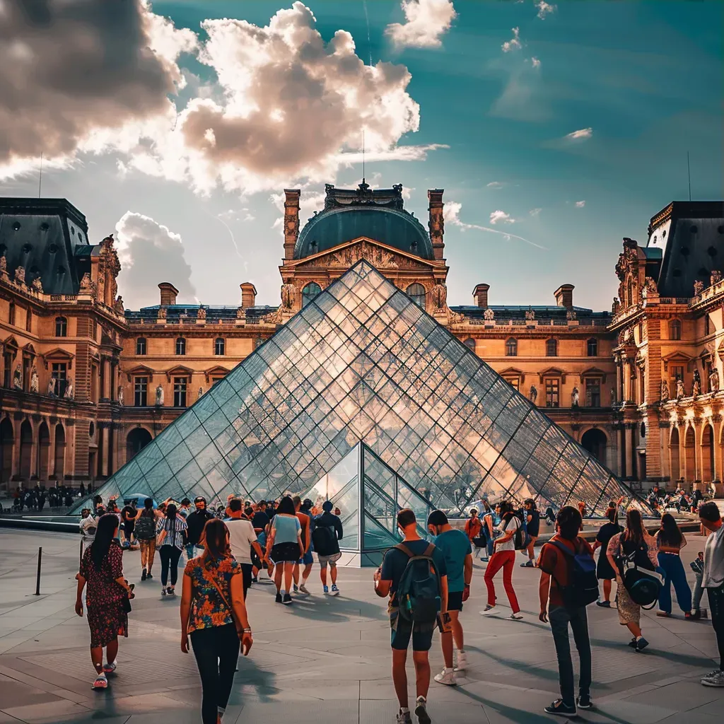 Louvre Museum with glass pyramid entrance and people in the courtyard - Image 3