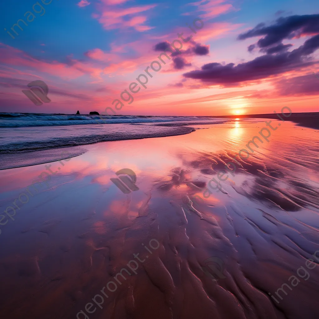 Long exposure photo of a coastal sunset with smooth water and reflective sand - Image 1