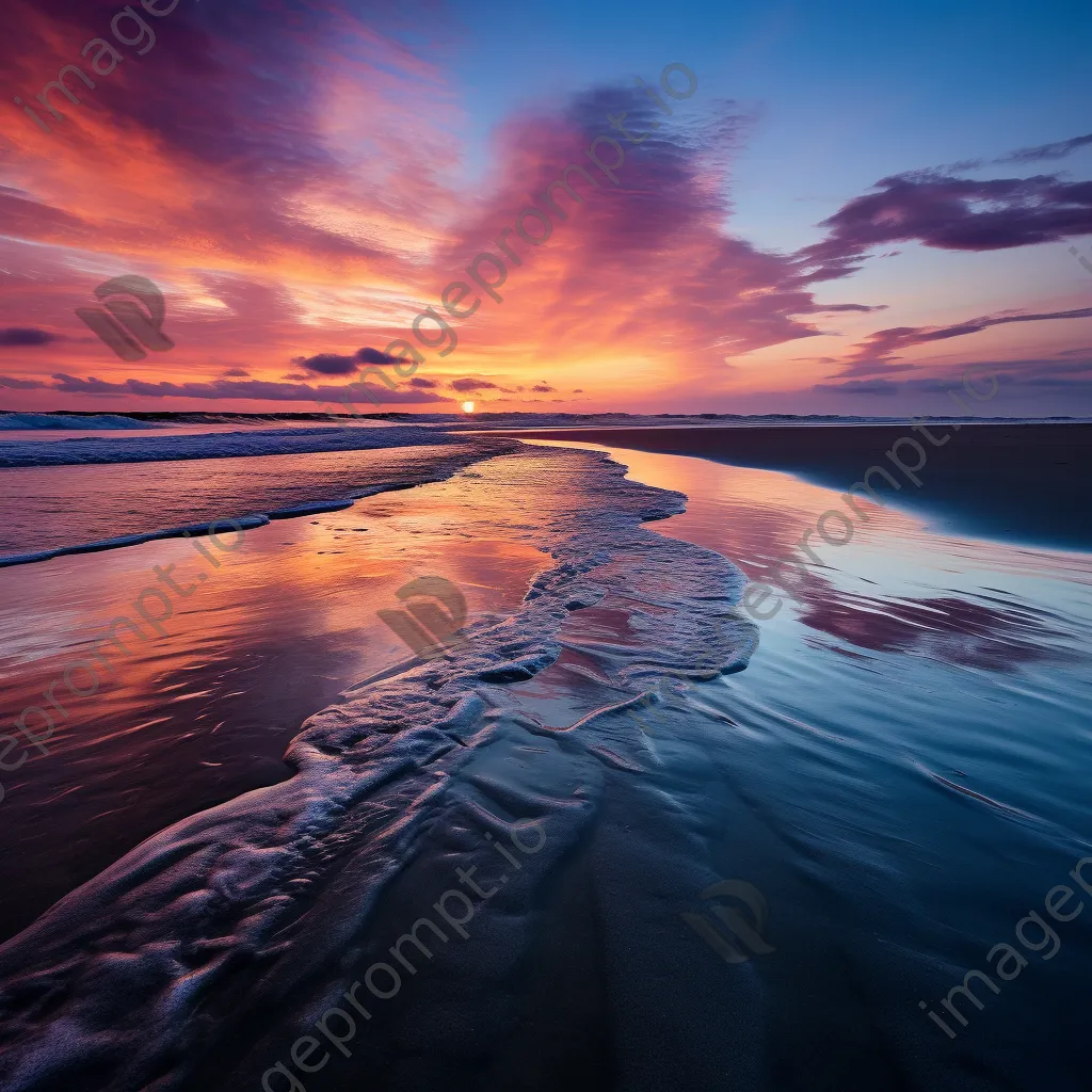 Long exposure photo of a coastal sunset with smooth water and reflective sand - Image 3