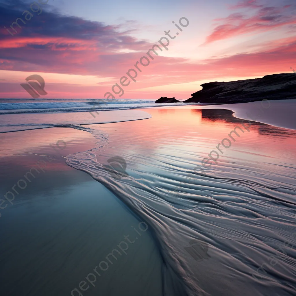 Long exposure photo of a coastal sunset with smooth water and reflective sand - Image 4