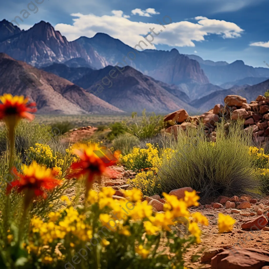 Vibrant desert spring surrounded by mountains and flowers - Image 3