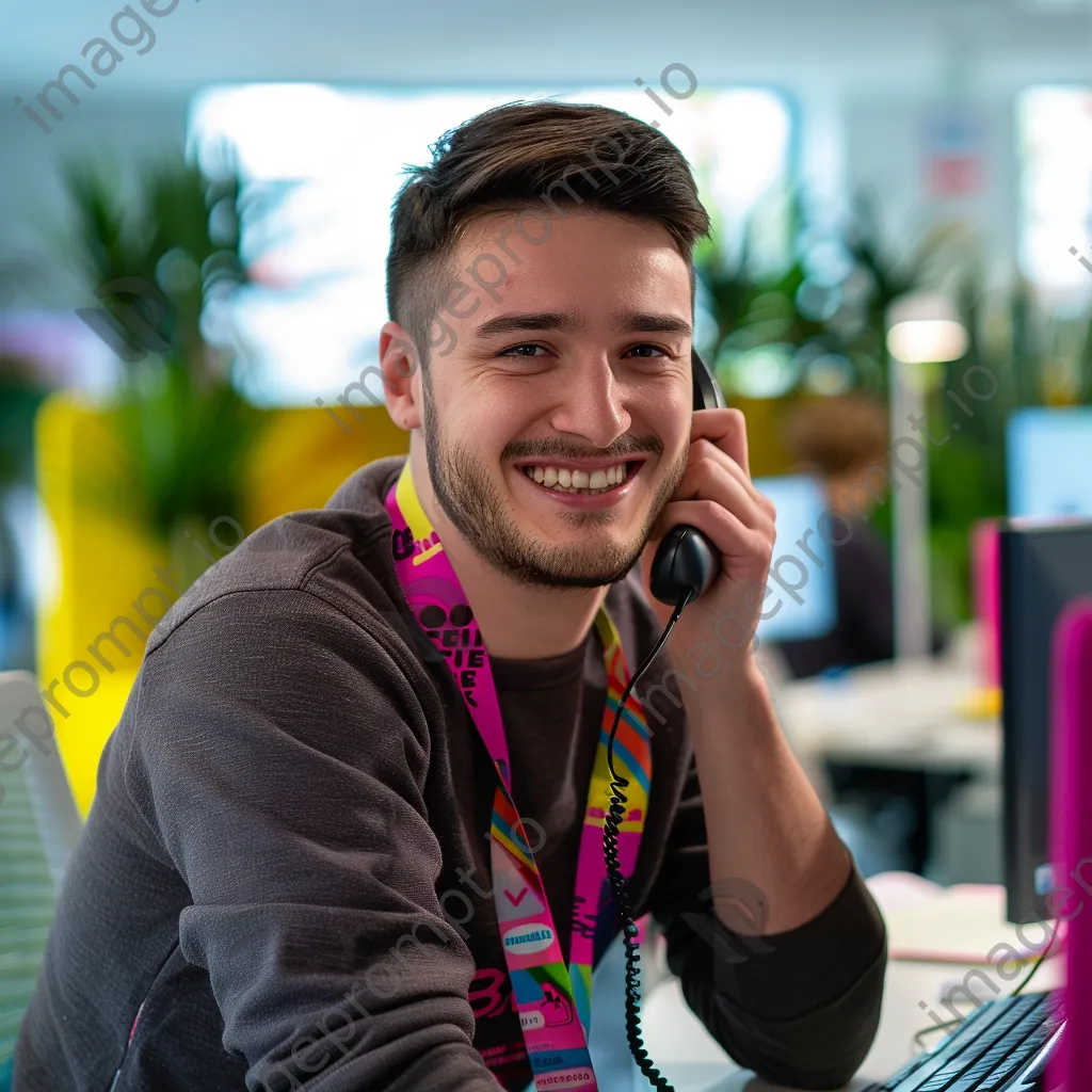 Male customer support representative on the phone in a colorful office - Image 1