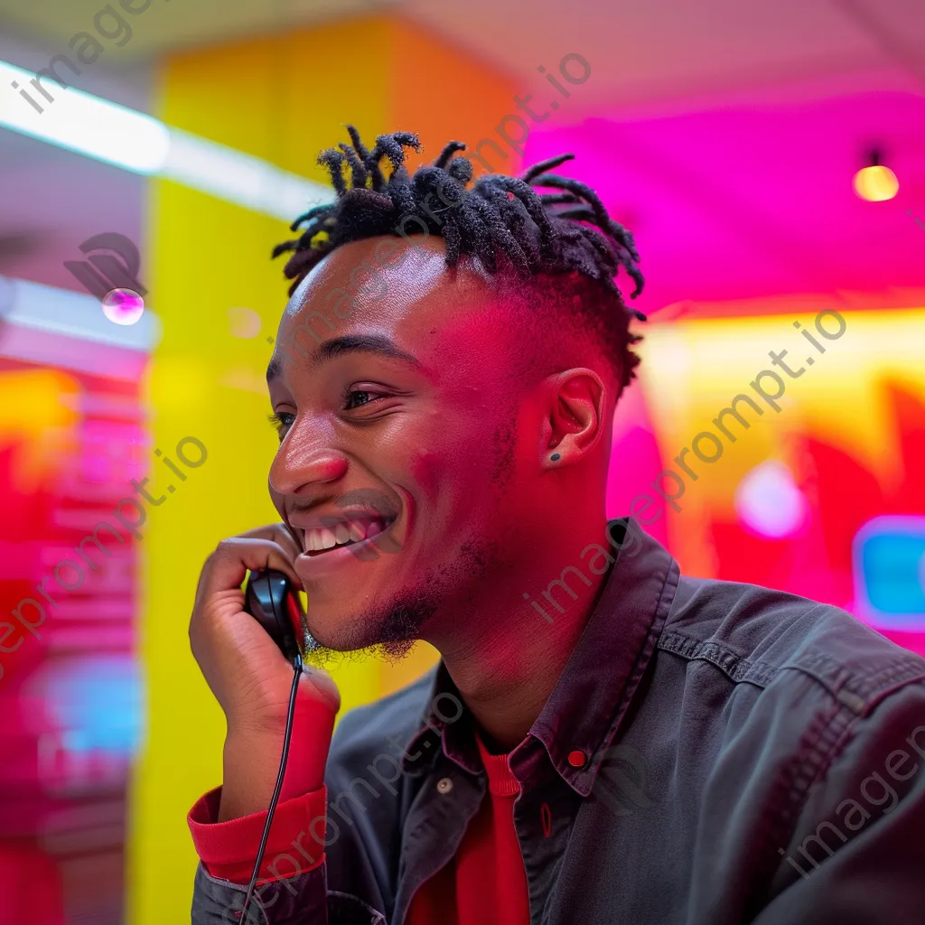 Male customer support representative on the phone in a colorful office - Image 2