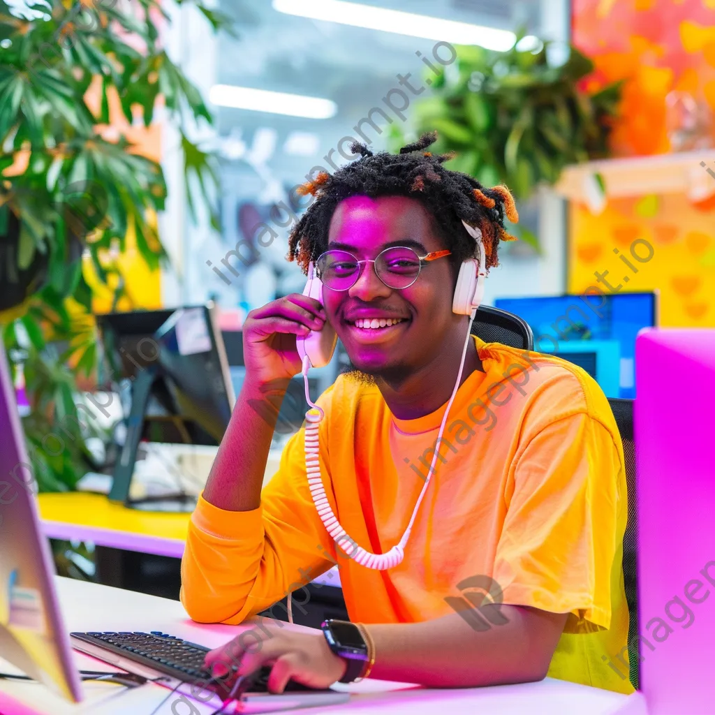 Male customer support representative on the phone in a colorful office - Image 3