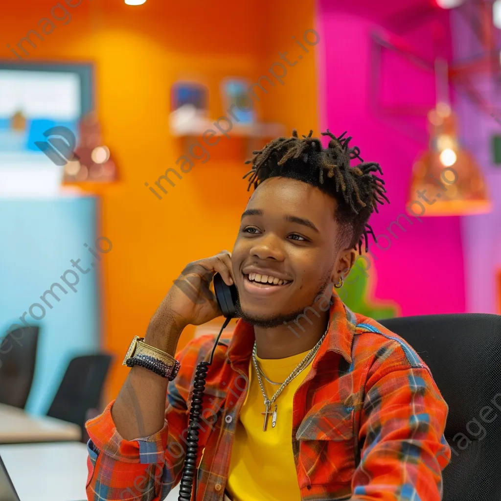 Male customer support representative on the phone in a colorful office - Image 4