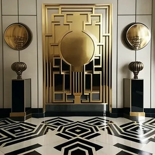 Image of a 1930s Art Deco lobby with geometric patterns and metallic accents - Image 1