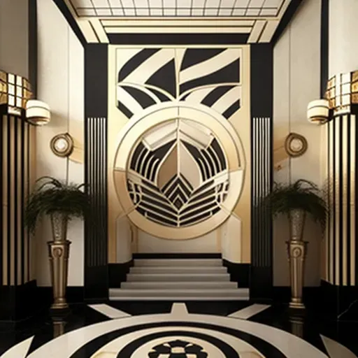 Image of a 1930s Art Deco lobby with geometric patterns and metallic accents - Image 2