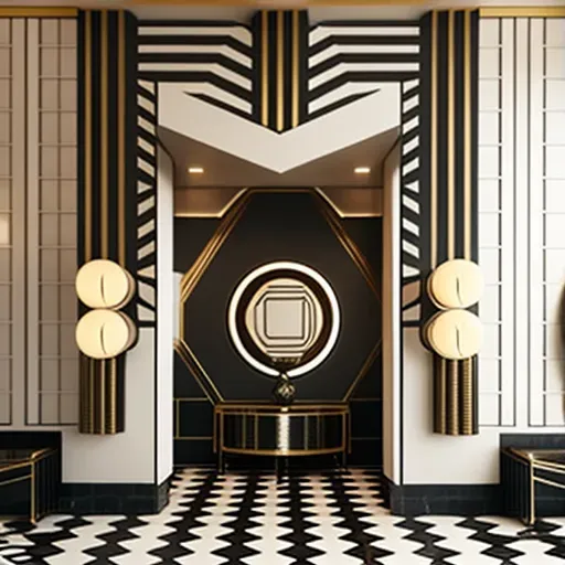 Image of a 1930s Art Deco lobby with geometric patterns and metallic accents - Image 3