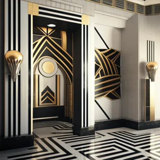 Image of a 1930s Art Deco lobby with geometric patterns and metallic accents - Image 4