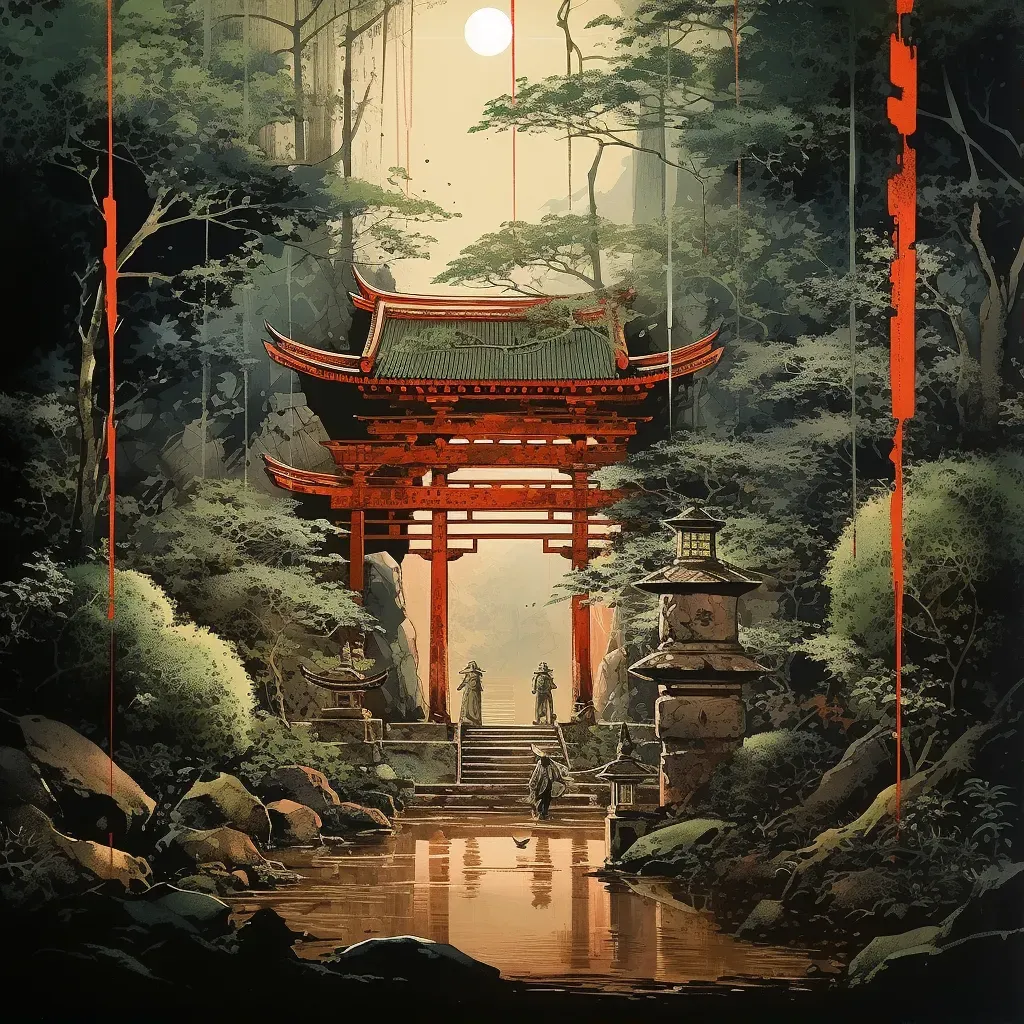 Tranquil Shinto shrine in a bamboo forest with torii gate and priest performing a ritual - Image 1