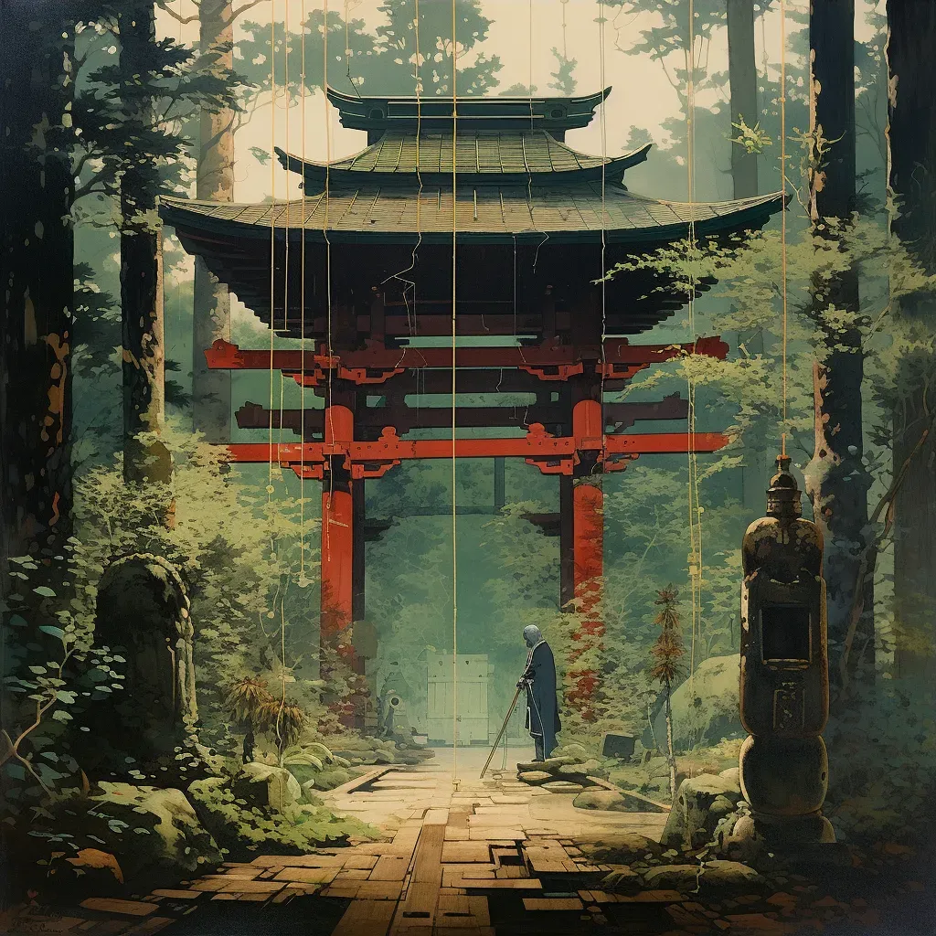 Tranquil Shinto shrine in a bamboo forest with torii gate and priest performing a ritual - Image 3