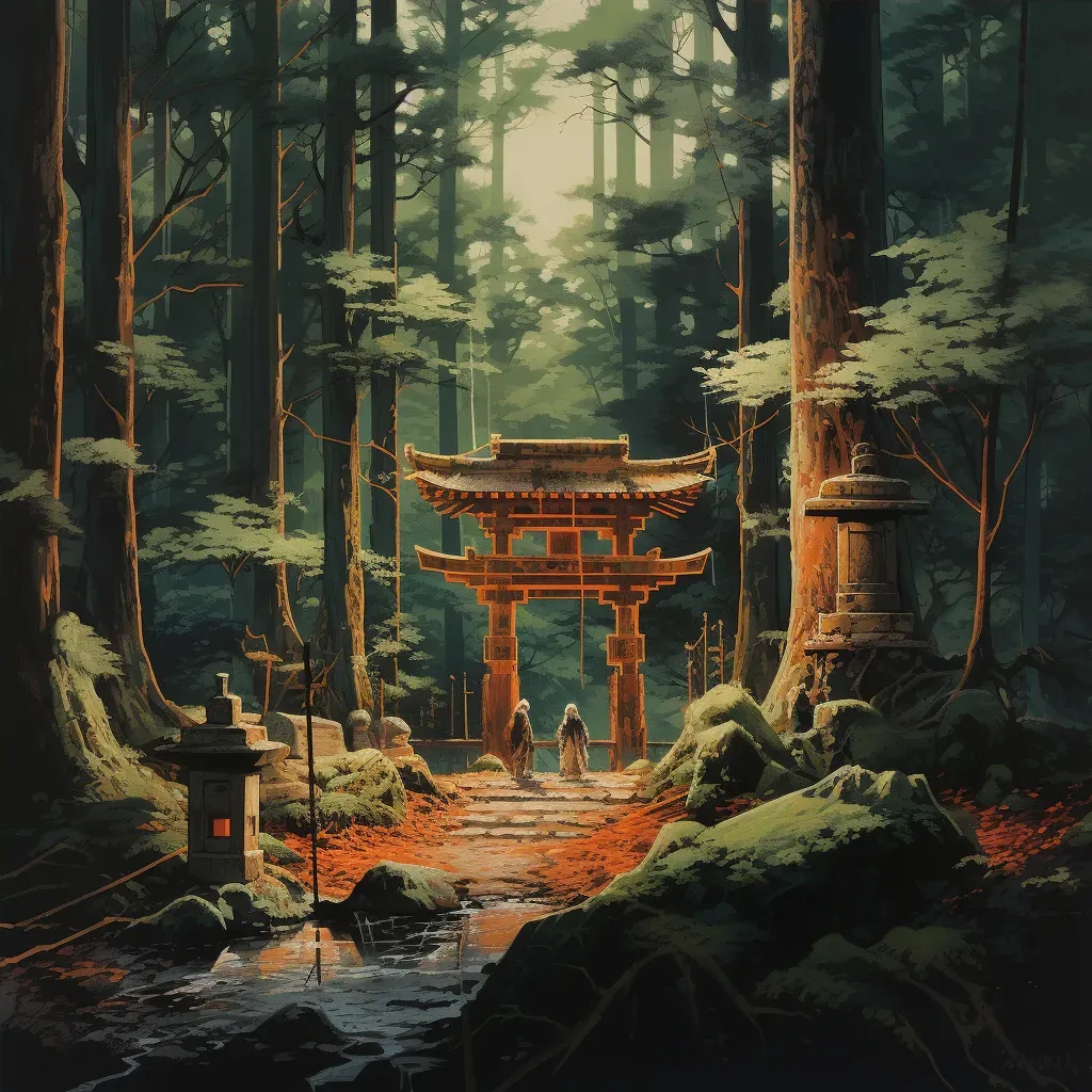 Tranquil Shinto shrine in a bamboo forest with torii gate and priest performing a ritual - Image 4