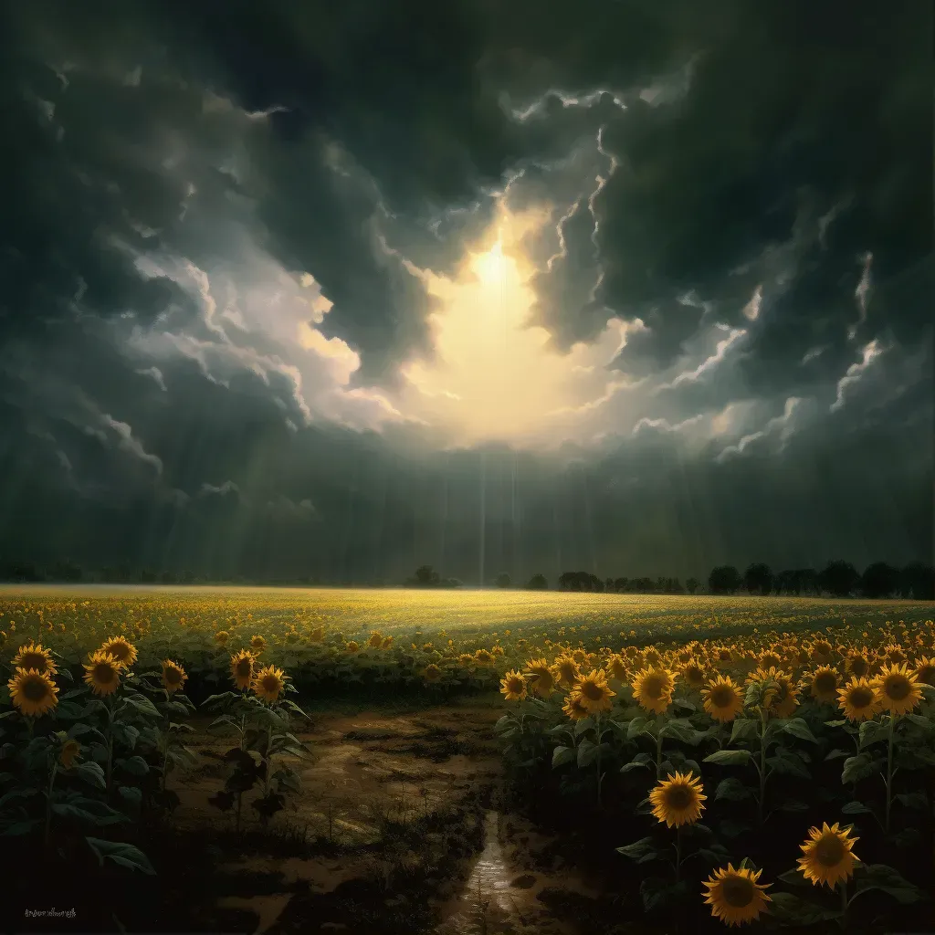 Ray of sunlight breaking through dark clouds onto sunflower field - Image 1