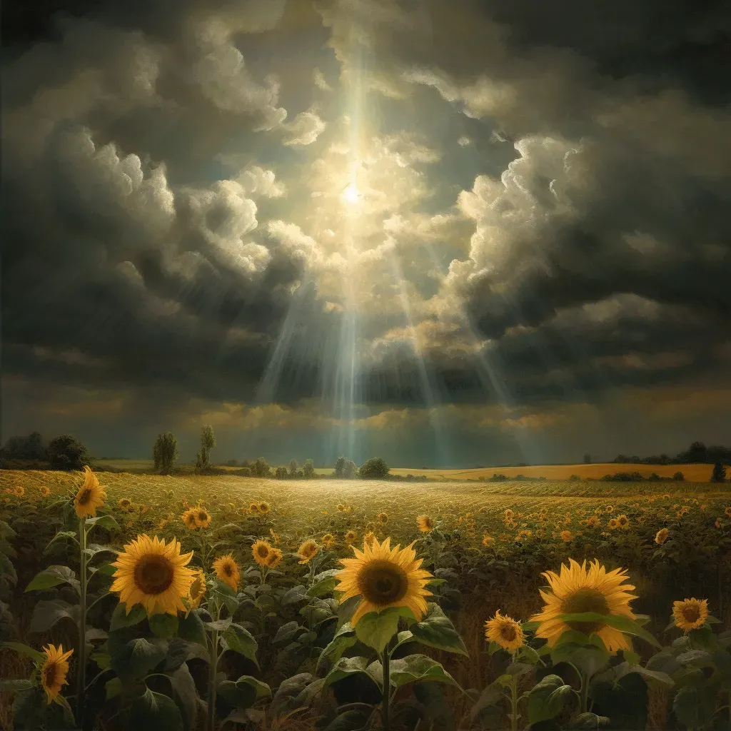 Ray of sunlight breaking through dark clouds onto sunflower field - Image 2