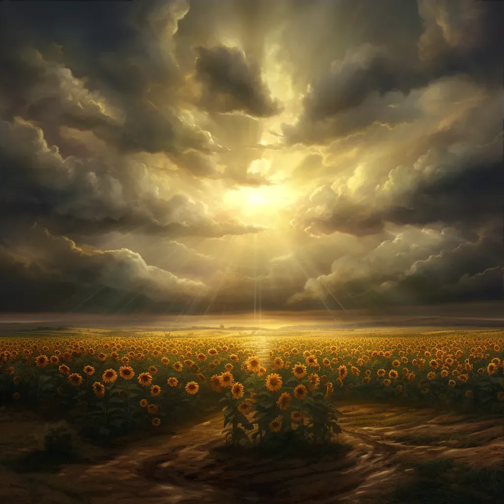 Ray of sunlight breaking through dark clouds onto sunflower field - Image 3