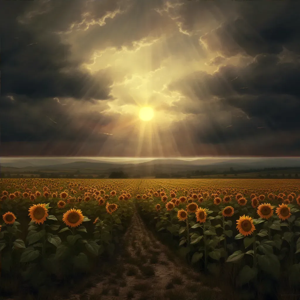 Ray of sunlight breaking through dark clouds onto sunflower field - Image 4