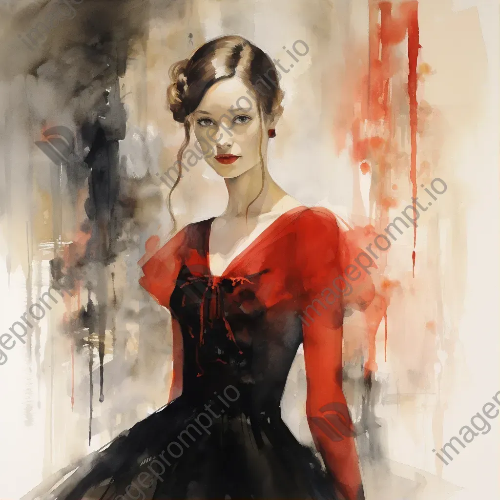 Watercolor of an enigmatic lady in red in a shadowy ballroom - Image 1