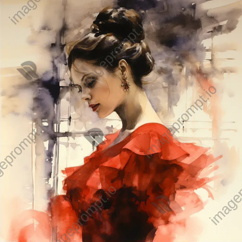 Watercolor of an enigmatic lady in red in a shadowy ballroom - Image 2